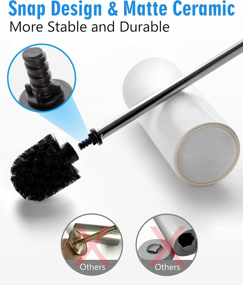 Viosuniu Matt White Ceramic Toilet Brush and Holder Set, Freestanding Toilet Bowl Cleaners Brush, Scrubber Brush for Toilet, Bathroom Accessories with Stainless Handle, Deep Cleaning - Image 2